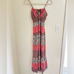 Angie Boho Festival Rodeo Maxi Dress Red Floral Tiered Open Back L flowy Gypsy